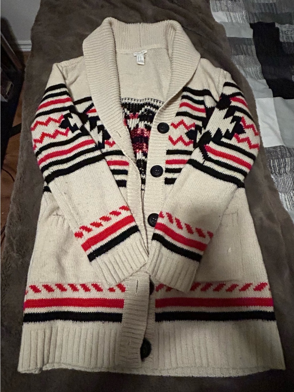 Forever 21 Cream Shawl Collar Cardigan with Red & Black Fair Isle Stripes
